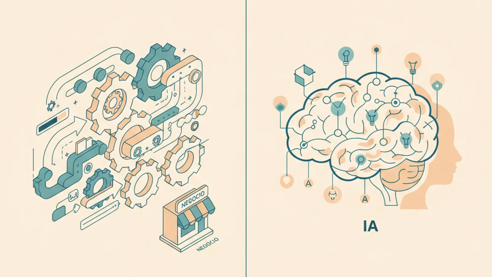 Ilustración dividida entre engranajes de automatización y red neuronal de IA