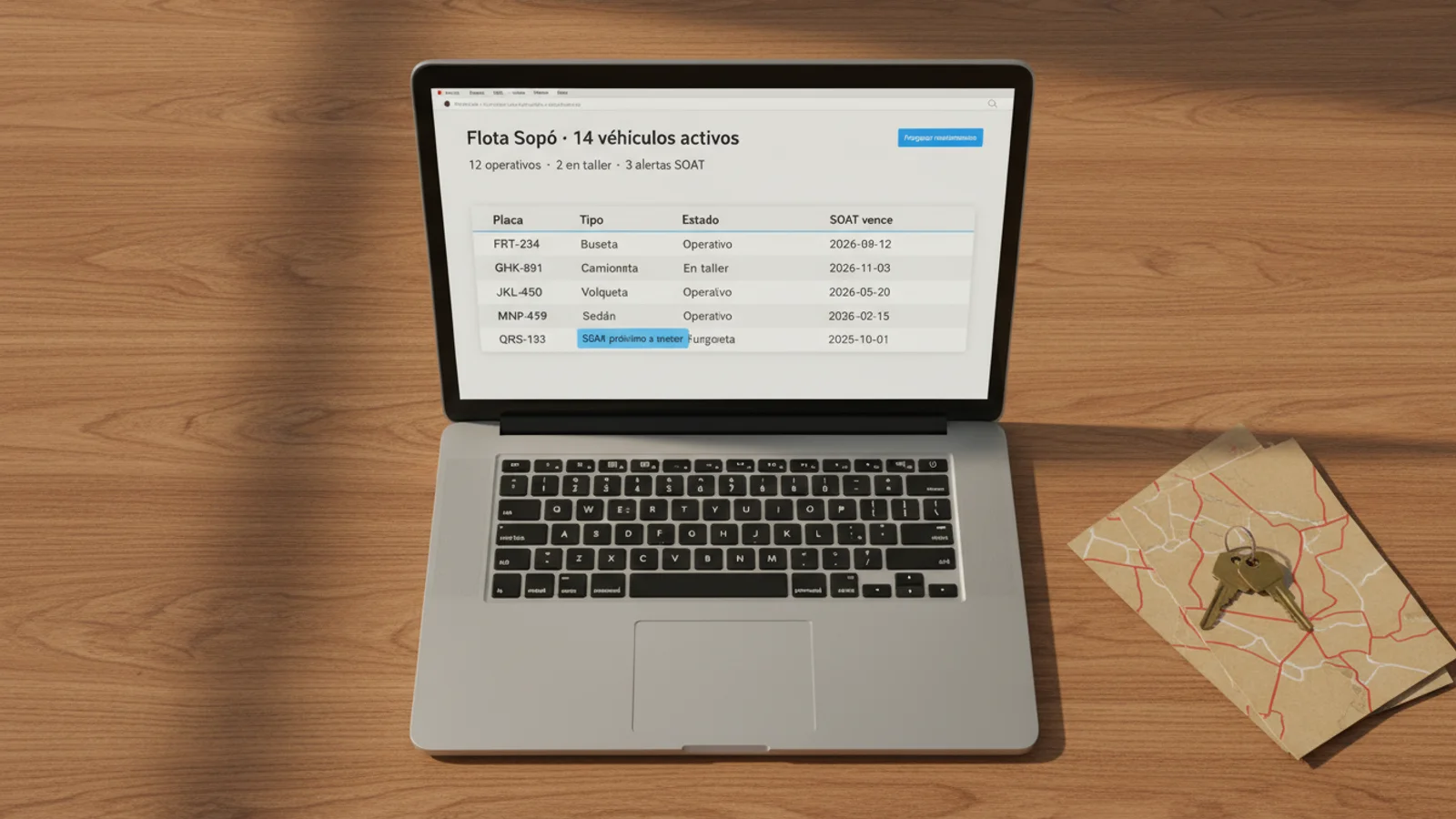 MacBook con dashboard de gestión de flota municipal mostrando vehículos activos y alertas SOAT.