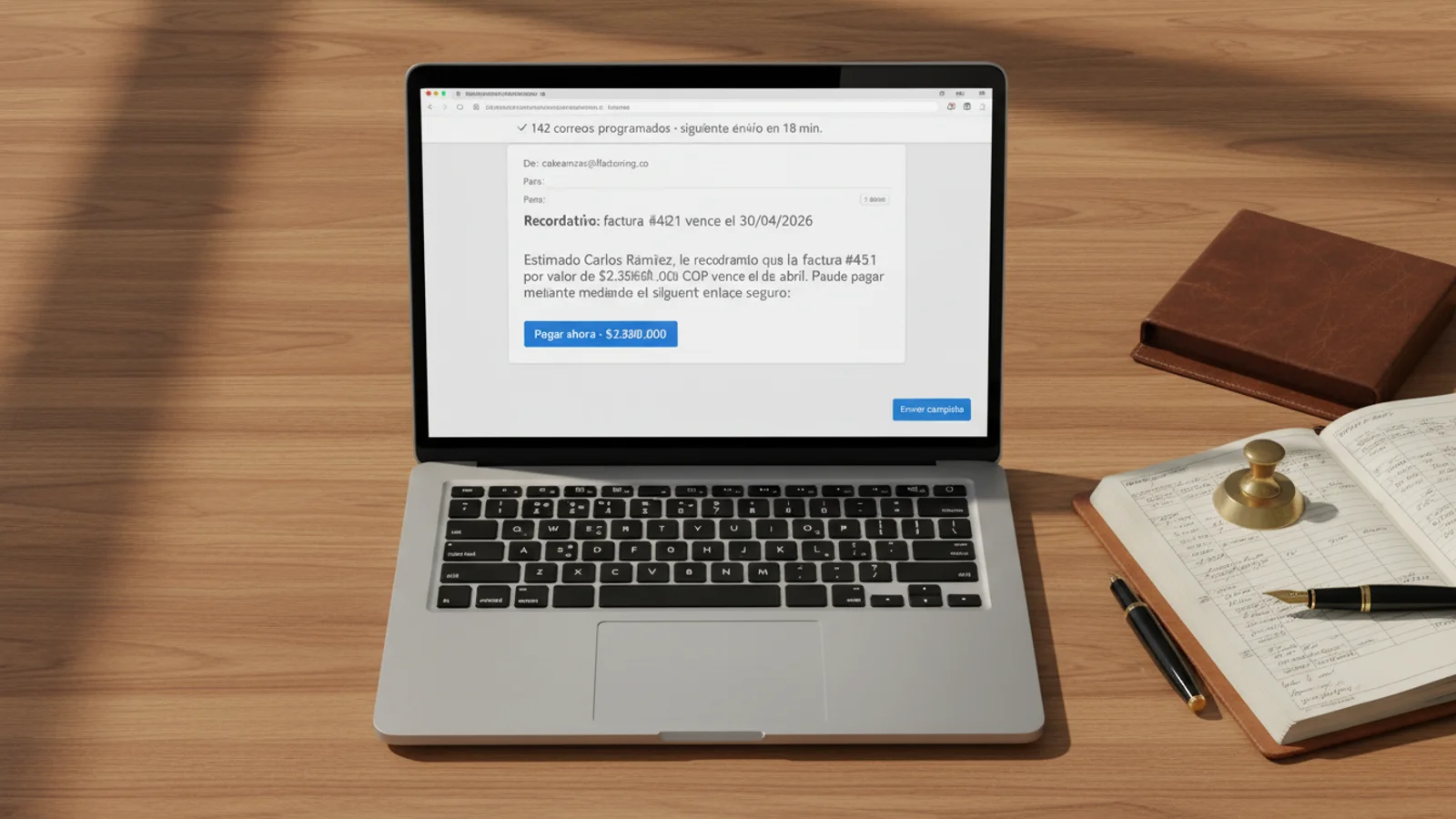 MacBook mostrando correo automatizado de cobranza iFactoring listo para envío masivo desde Gmail corporativo.