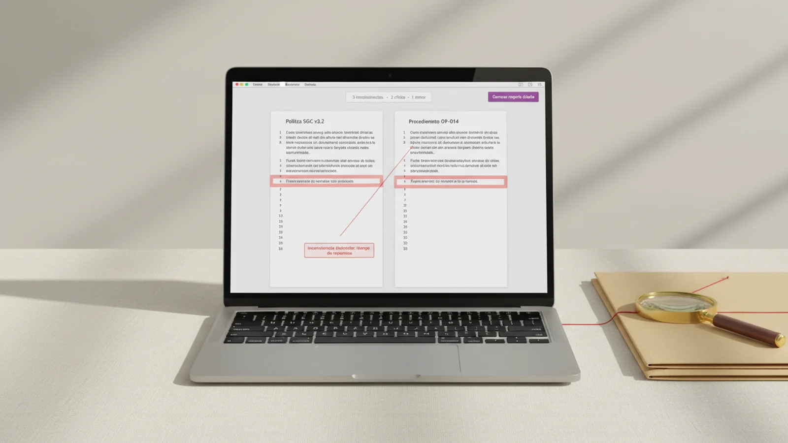 MacBook con comparador de congruencia documental — dos documentos lado a lado, inconsistencias resaltadas con cita exacta.
