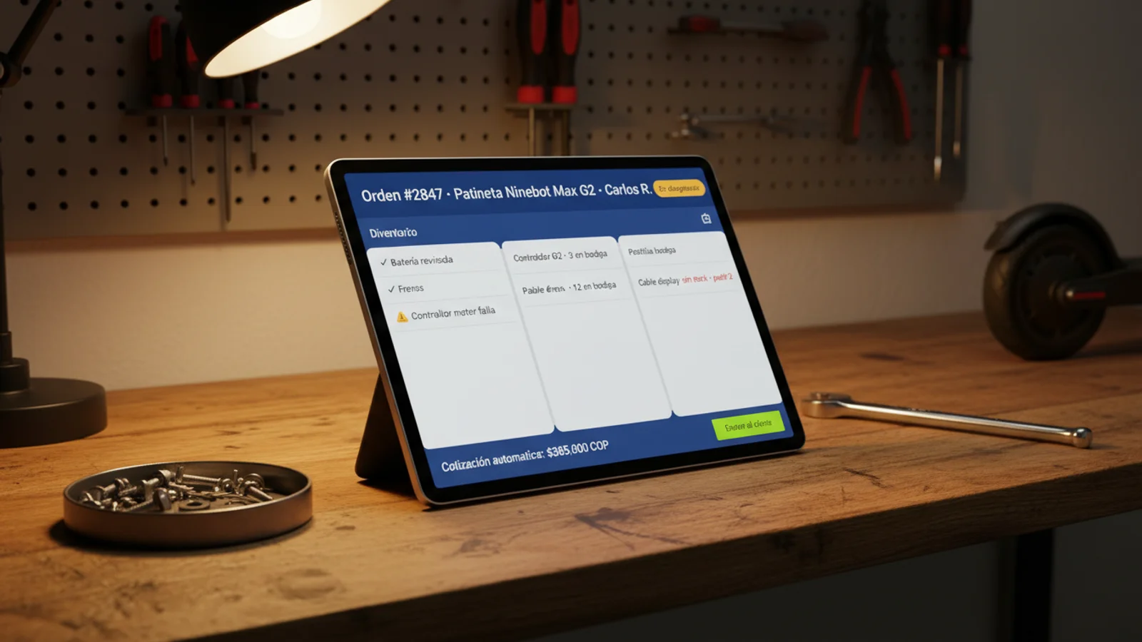 Tablet sobre mesa de taller mostrando software integral de Segway — orden de servicio activa con inventario en vivo.