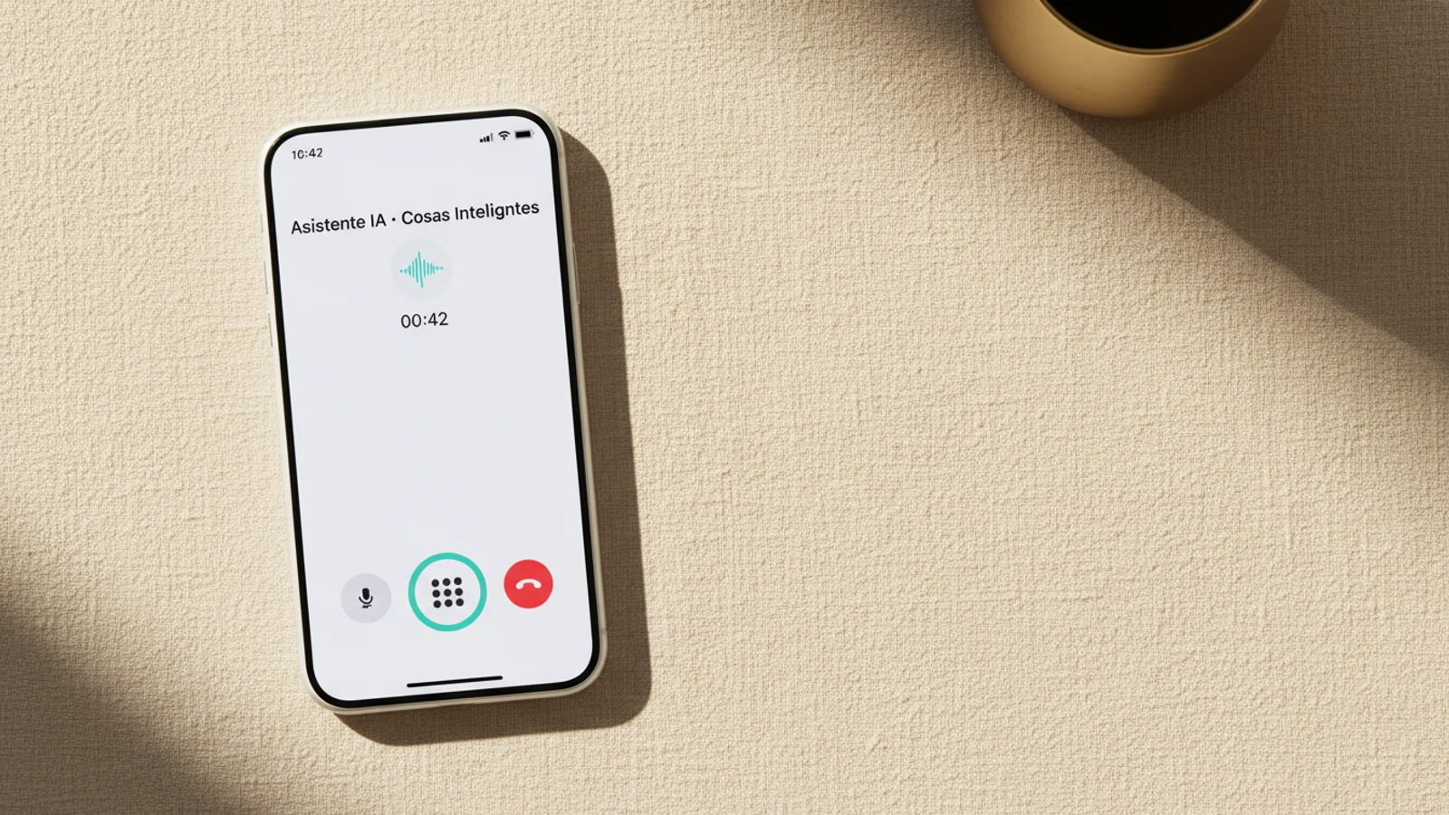iPhone sobre lino crema mostrando llamada activa de Asistente IA con onda de voz teal.