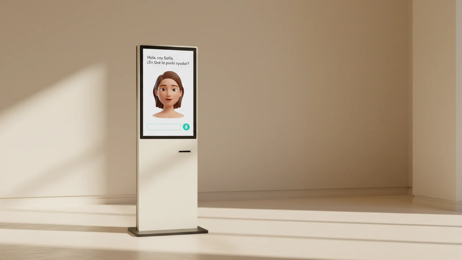 Pantalla vertical de kiosco mostrando avatar 3D conversacional con indicador teal de micrófono activo.
