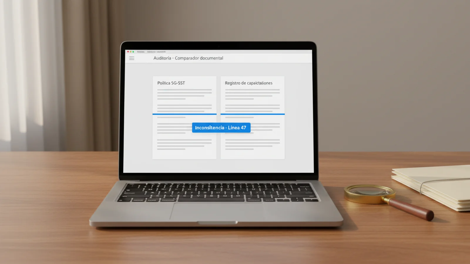 MacBook frontal close-up sobre escritorio de nogal con dos documentos comparados, lupa de latón y carpetas crema.