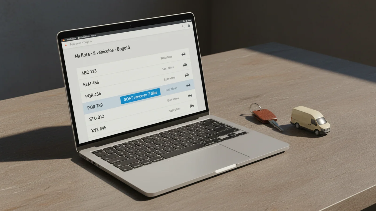 MacBook close-up sobre slate gris con dashboard de flota Colombia, llaves de auto y miniatura de van crema.