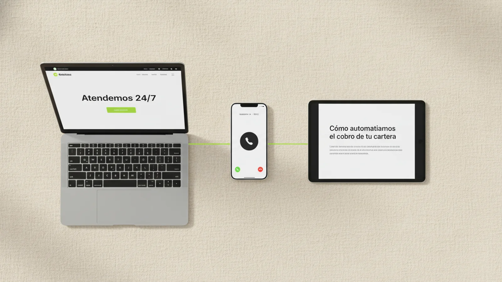 Laptop con sitio web, smartphone con llamada activa y tablet con artículo de blog conectados por línea lima.
