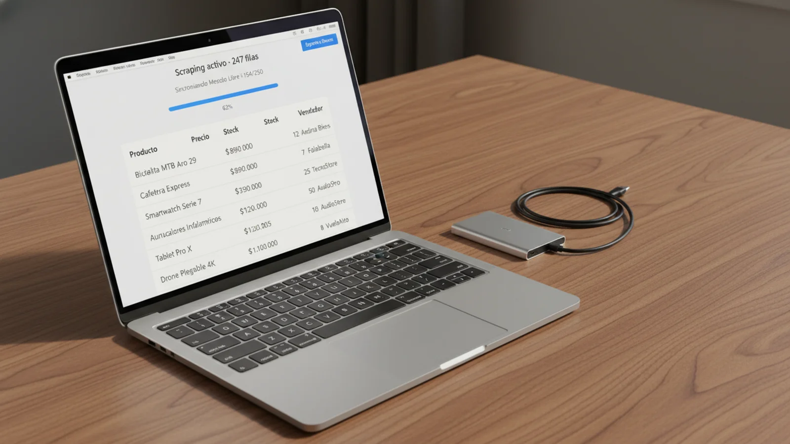 MacBook close-up sobre escritorio de nogal con tabla de datos extraídos, disco duro externo y cable USB-C.