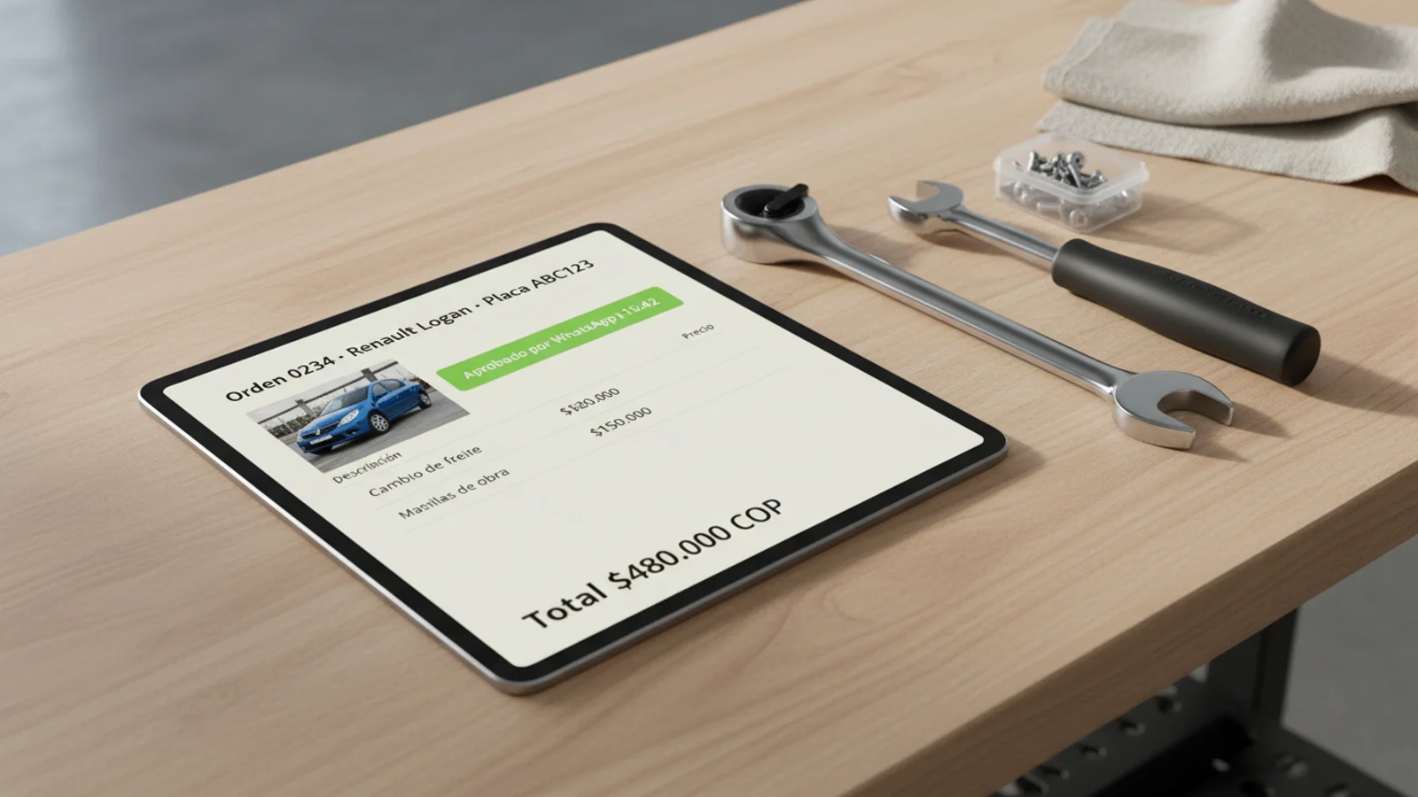 Tablet sobre mesa de taller con orden de servicio digital, foto del vehículo y botón Aprobado por WhatsApp en lima.