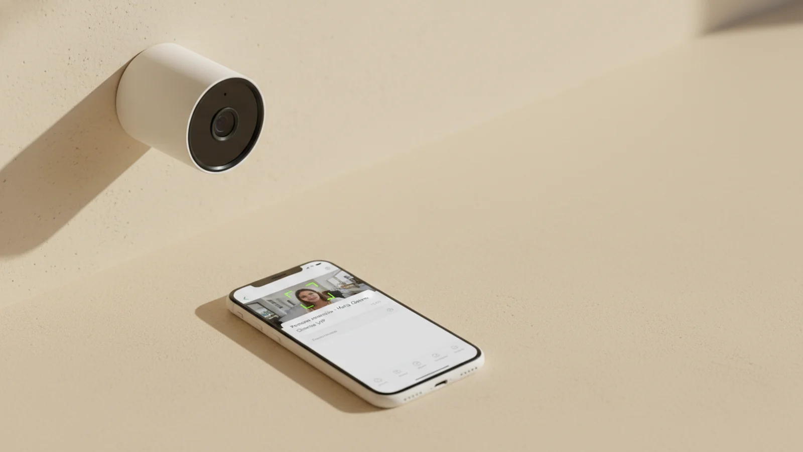 Cámara IP blanca en pared y smartphone con alerta de reconocimiento facial y caja de detección lima.